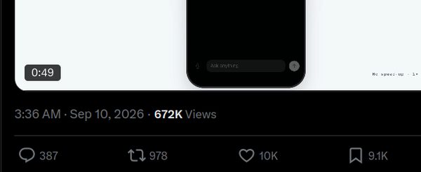 X post by @SamuelZengML, Sep 10 2026: the bottom of an iPhone chat UI with an 'Ask anything' input and a small 'No speed-up · 1x' label in the corner. Stats: 672K Views, 387 replies, 978 reposts, 10K likes, 9.1K bookmarks.