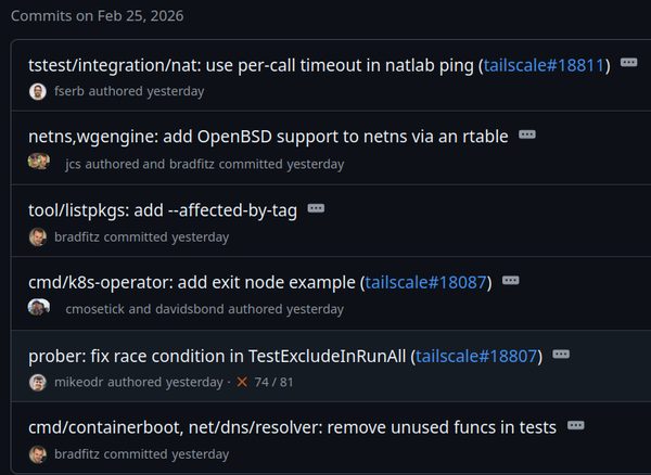 GitHub commit history Feb 25 2026 -- cmd/k8s-operator: add exit node example (tailscale#18087) authored by cmosetick and davidsbond