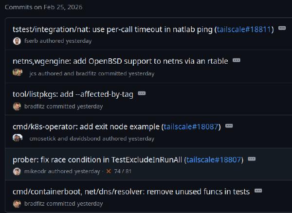 GitHub commit history Feb 25 2026 -- cmd/k8s-operator: add exit node example (tailscale#18087) authored by cmosetick and davidsbond