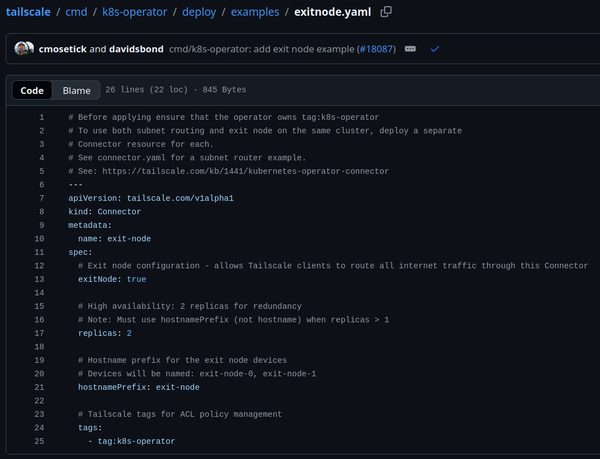 GitHub: exitnode.yaml file view -- co-authored by cmosetick and davidsbond, PR #18087