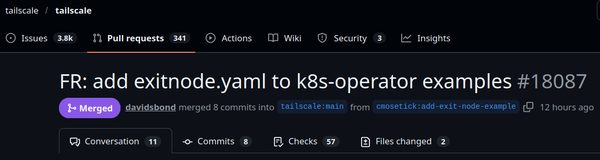 GitHub: PR #18087 FR: add exitnode.yaml to k8s-operator examples -- Merged by davidsbond from cmosetick:add-exit-node-example